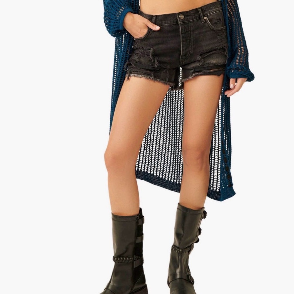 Free People Teal Open knit Cardigan with tassel tie